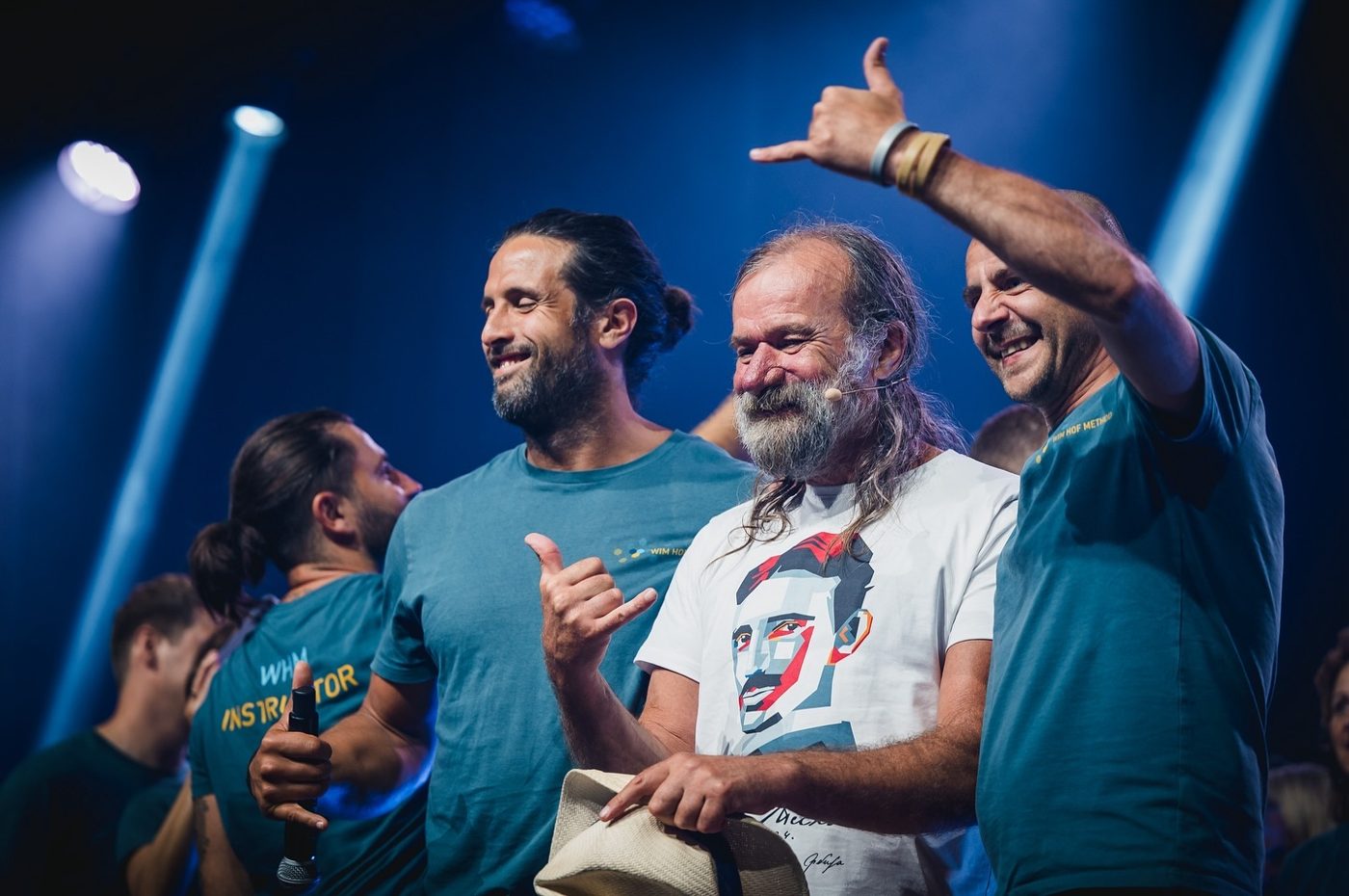 Thomas on stage with Wim Hof and fellow instructors in Cologne